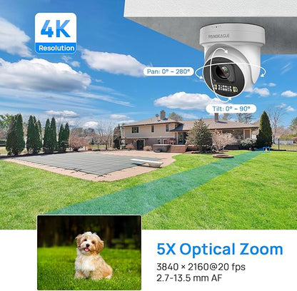PANOEAGLE 4K AI IP POE PTZ Camera, 8MP PTZ Security Camera Outdoor,5X Optical Zoom 2.7~13.5mm Lens, 2-Way Audio, Smart Human/Vehicle Detection, Spotlight Color Night Vision,SD(512GB), IP67