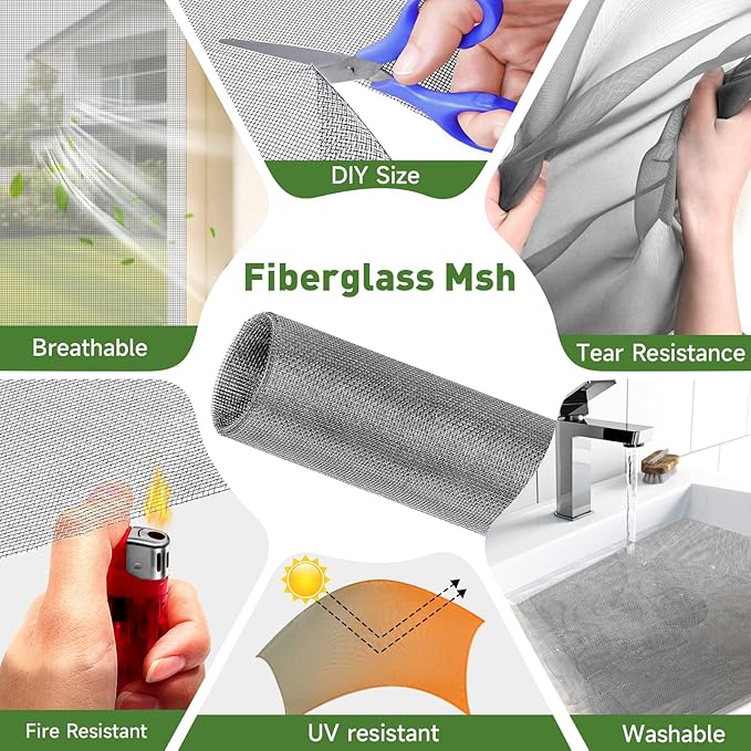 HOFUDON Window Screen Adjustable Magnetic Window Screen Replacement Max 23” x 34”, DIY Fiberglass Mesh Window Screens for House Windows White Frame Grey Mesh