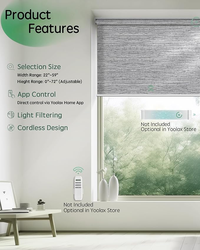 Yoolax Motorized Shades App Control, Light Filtering Automatic Blinds for Indoor Windows, Electric Roller Shades for Bedroom Living Room Office (Soft Jacquard Gray, 26" W x 72" H)
