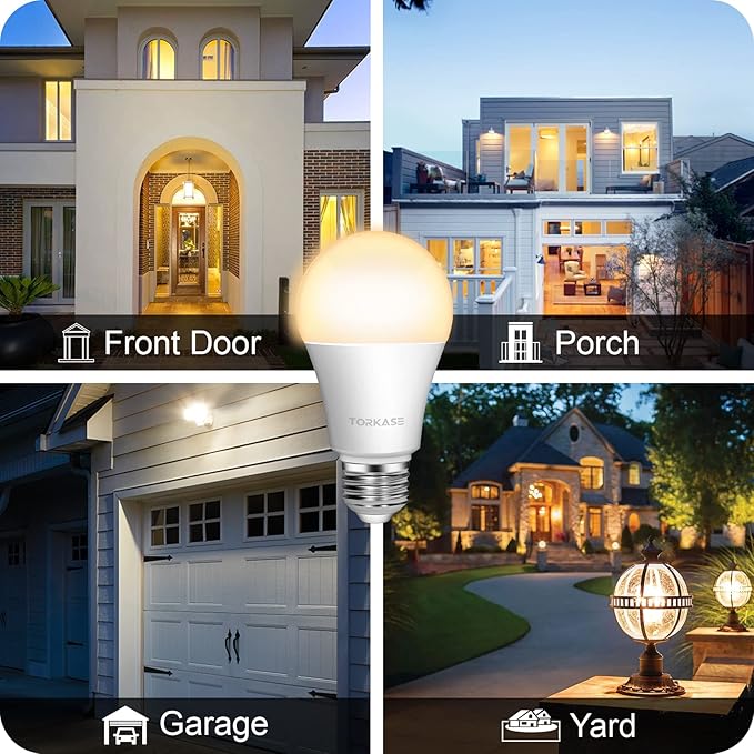 Torkase Outdoor Dusk to Dawn Light Bulbs- No Timer Required, 12W(100W Equivalent), 3000K Warm White, E26 A19 Automatic Sensor LED Bulbs, Built-in Photocell Detector for Boundary, Garage, Patio