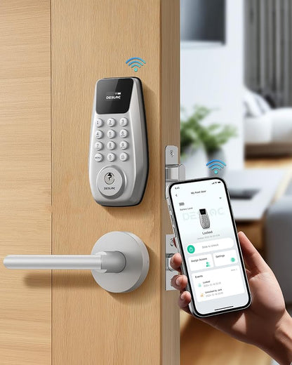 DESLOC C100 Plus Built-in WiFi Smart Lock with Handle Set, Built-in WiFi Keyless Entry Door Lock with Display, Keypad Deadbolt & Matching Lever Handle for Front Door, App Remote Control - Silver