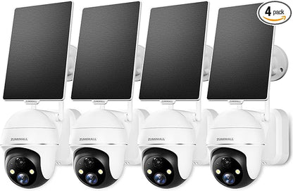 ZUMIMALL 2K Solar Security Cameras Wireless Outdoor 4-Pack, Solar Powered Cameras for Home Security with 360° View, Color Night Vision, 2-Way Talk, AI Motion Alert, Siren, CloudEdge App Supported