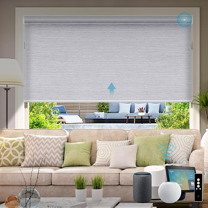 SmartWings Motorized Light Filtering Blinds Work with Homekit Thread Z-Wave Alexa, 70% Blackout Electric Smart Window Shade Translucent, Cordless with Remote Control, Up W110 x H148, Essential Grey