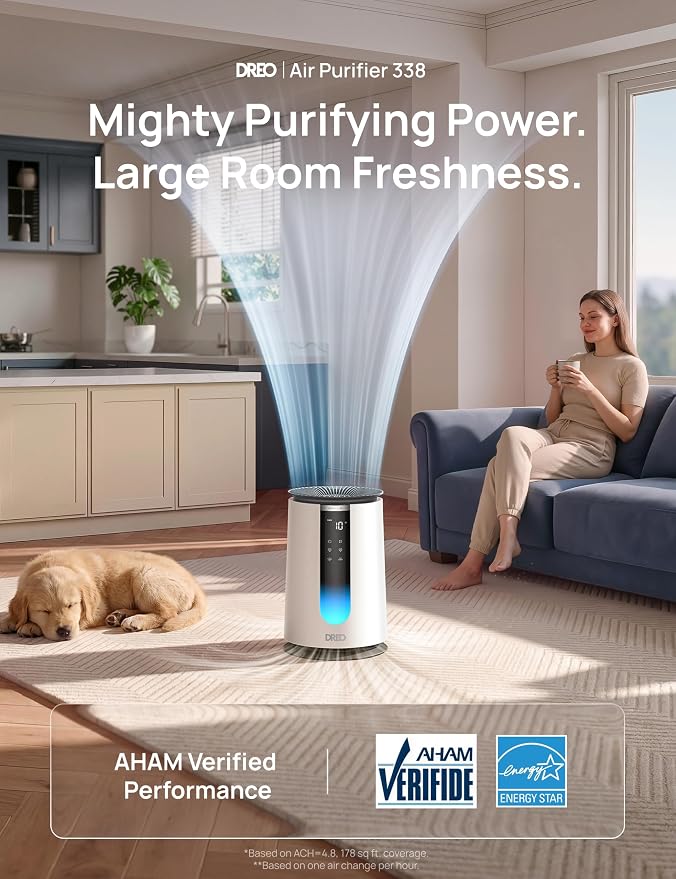 DREO HEPA Air Purifier for Home, AHAM VERIFIDE Air Cleaner for Bedroom, Pets, Smoke, Dust, Pollen & Odors, PM2.5 Monitor, Auto, Turbo & Quiet Sleep Mode, 4 Speeds, Scent Diffuser, DR-HAP008 (Dreo 338)