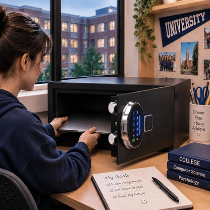 Grimtron 22LB Biometric Dorm Safe with Fingerprint Lock, 3-8 Digit PIN | 1.13 cu.ft. Safe with Silent Mode & LED & Backlit Keypad , 6.7M Combinations, Metal Knob, Removable Shelf & Easy Installation