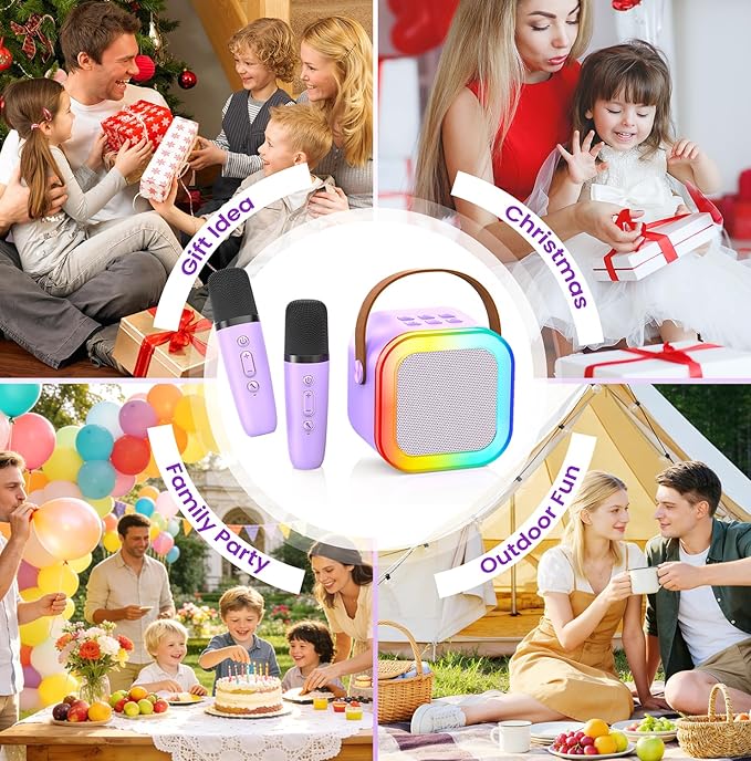 Mini Karaoke Machine for Kids Adults, 2026 TOP Birthday Gifts for Girls Boys 3,4,5,6,7,8+Year Old Toddler Toys, Portable Bluetooth Speaker with 2 Wireless Karaoke Microphones Player (Purple)