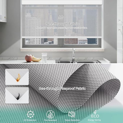 Motorized Roller Shades, Light Filtering Remote Control Custom Window Shades Compatible with Alexa Google Assistant via RF Hub, Rechargeable Electric Blinds for Windows (Fireproof Silver)