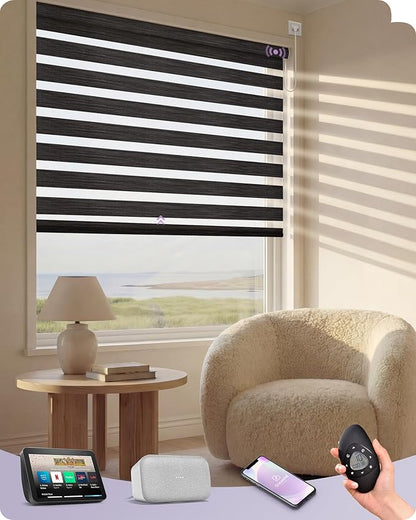 Graywind Motorized Blinds with Remote, Smart Zebra Shades for Windows, Hardwired Roller Blinds Compatible with Alexa, Apple Homekit, Google Home, Custom Size, Classic - Charcoal
