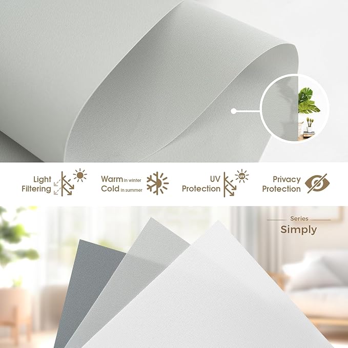 HeyBlinds Motorized Blinds with Remote, Smart Roller Shades with App & Voice Control, Work with Alexa Google HomeKit, Light Filtering Custom Window Shades for Living Room Office (Simply-Light Gray LF)