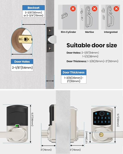 Fingerprint Smart Keyless Keypad Door Lock with Handle Biometrics Deadbolts