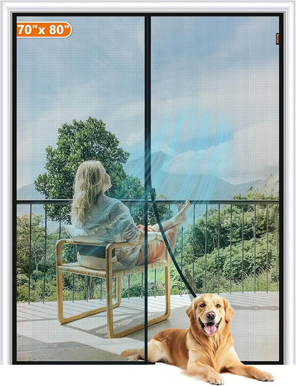 MAGZO Magnetic Screen Door Fit Door Size 70 x 80 Inch, Screen Size 72" x 81" Strong Magnets Mesh, Reinforced Fiberglass Net for Patio and Front Entrances, Gray
