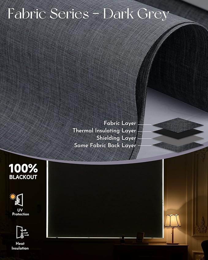 Graywind Motorized Shades 100% Blackout Work with Alexa Google WiFi Smart Hardwired Window Shade Remote Control Thermal Insulated Electric Blinds, Customized Size (Dark Gray)