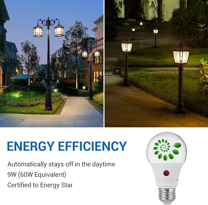 DEWENWILS 4 Pack A19 Dusk to Dawn LED Light Bulbs Outdoor, 9W (60W Equivalent) LED Light Bulb 2700K Warm White, Automatic On/Off Light Bulbs for Porch Courtyard, 800 LM, E26 Base, UL Listed