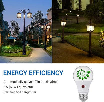 DEWENWILS 4 Pack A19 Dusk to Dawn LED Light Bulbs Outdoor, 9W (60W Equivalent) LED Light Bulb 2700K Warm White, Automatic On/Off Light Bulbs for Porch Courtyard, 800 LM, E26 Base, UL Listed