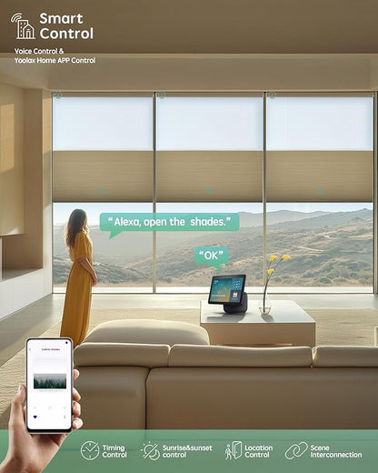 Yoolax Smart Motorized Day and Night Cellular Shades with Remote, Top Down Bottom Up Blinds Compatible with Alexa, Blackout and Light Filtering Honeycomb Blinds (Khaki)