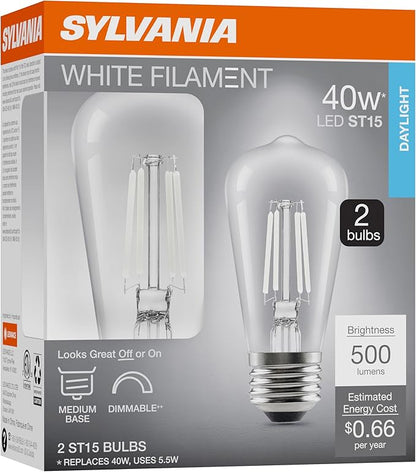 Sylvania ST15 Clear LED White Filament Bulb, 5.5W, Dimmable, 500 LMS, Medium Base, 5000K, Daylight - 2 Pack (42267)