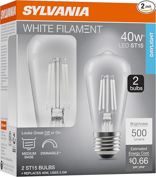 Sylvania ST15 Clear LED White Filament Bulb, 5.5W, Dimmable, 500 LMS, Medium Base, 5000K, Daylight - 2 Pack (42267)