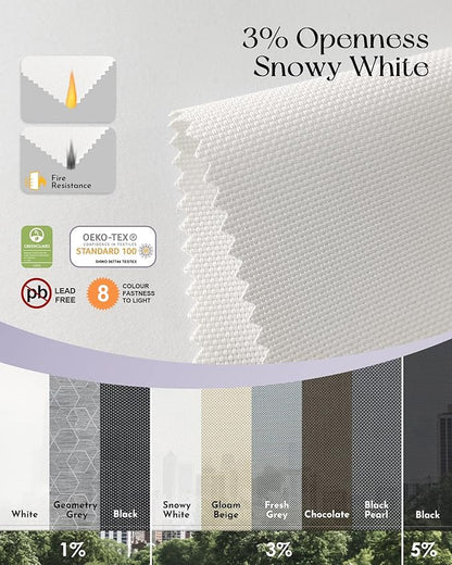 Graywind Motorized Outdoor Shades for Patio - Smart Sun Blinds Compatible With Alexa Google - Exterior Solar Powered Electric Roller Shades for Outside - Custom Size (3% Openness Snowy White)