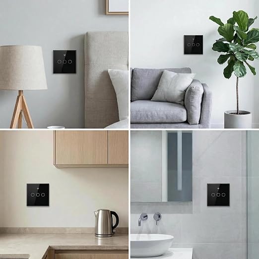 3-Way Smart Switch Wall Light Control Touch,App Remote Control,Black | 3-Way WiFi BT 433MHz RF Tuya App control, Alexa Google voice, no hub, tempered glass touch panel for home indoor lights