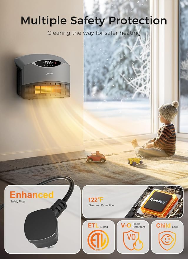 GiveBest Smart Wall Heater for Indoor Use, 1500W Electric Space Heater, Works with Alexa, Adjustable Thermostat, Remote Control, 24H Timer, Easy-mounted Heater for living Room Bedroom Office Garage