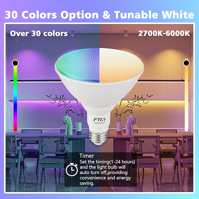 FTL PAR30 LED Color Changing Light Bulb with Remote Control, RGB Dimmable Colored Light Bulbs 10W=65W, 2700K-6000K, 30 Colors, Timer, Indoor Flood Light Bulbs for Recessed Can Lighting 2-Pack
