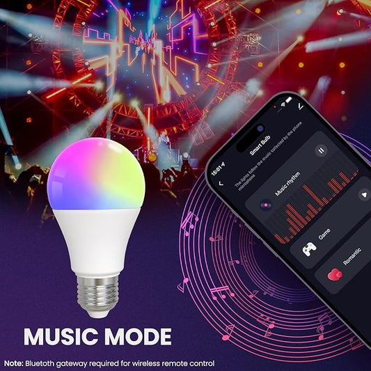 Smart LED Light Bulb, 9W, RGB Color Changing, Music Sync, 806LM, Compatible with Alexa & Google Home, App Control，4 Pack