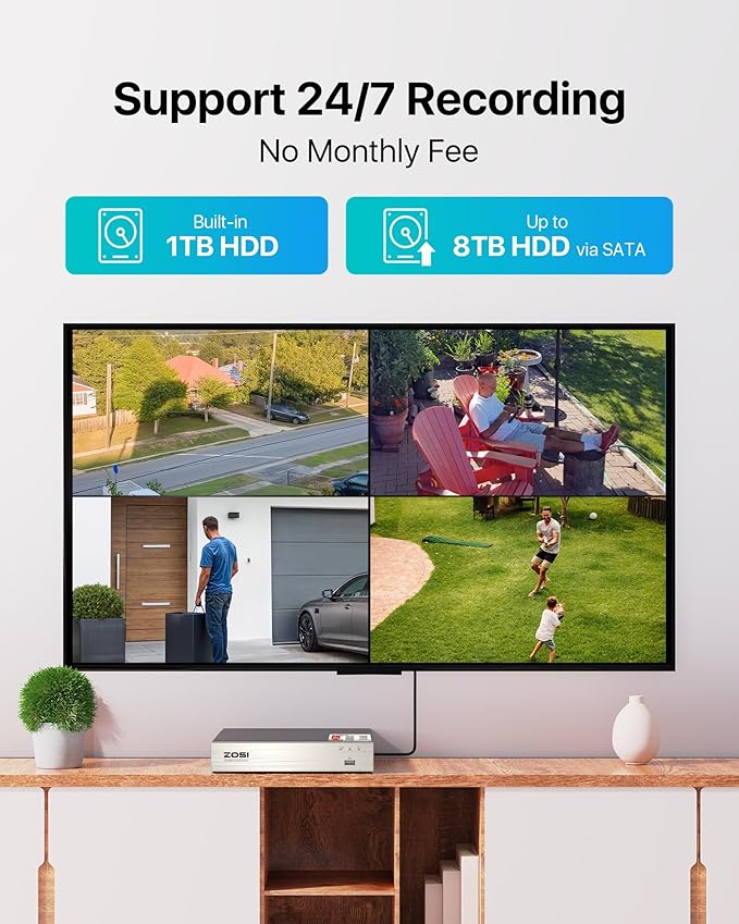 ZOSI 8CH Home Security Camera System Outdoor Indoor,H.265+ 8Channel 1080P DVR with 1TB HDD,8pcs Weatherproof Surveillance CCTV Dome Cameras,Night Vision,Motion Detection,for 24/7 Recording