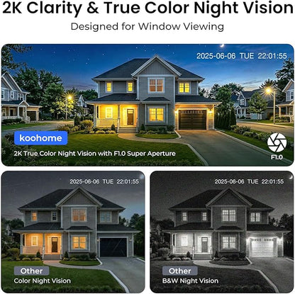 2K Window Camera for Indoor & Outdoor Home Security,Color Night Vision,Anti-Glare,24/7 Recording,Free 3-Day Cloud Storage,Dual-Band WiFi,AI Human Detection,Magnetic Mount,Walnut Wood Design