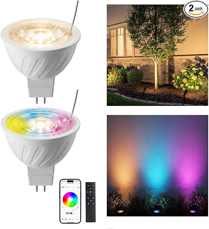 Gardenreet RGBCW MR16 LED Bulb, 12V Low Voltage Dimmable Halogen Replacement for Outdoor Pathway & Indoor Accent Lights, Color Changing & Warm White, GU5.3 Bi-Pin, Bluetooth Mesh 65ft, 2 Pack