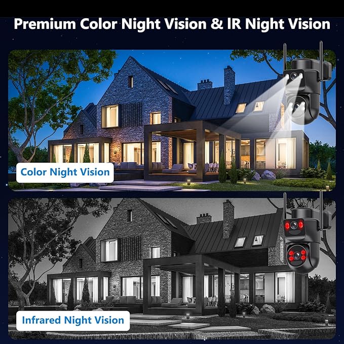 4K Solar Security Cameras Wireless Outdoor Battery Powered, 5GHz & 2.4GHz Dual Lens Bullet & 360PTZ Linkage with Solar Panel, 8X Digital Zoom, Color Night Vision, Motion Detection (Black)