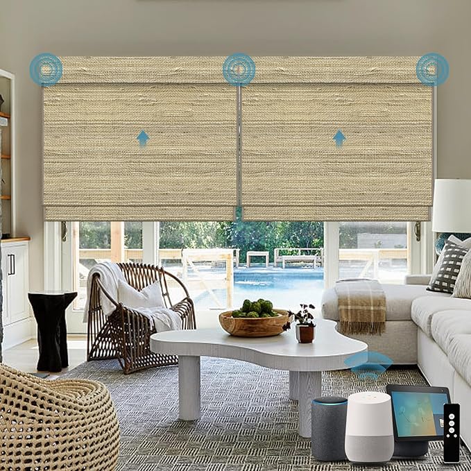 Motorized Roman Shades with Remote,Wooden Blinds Compatible with Alexa/Google/Apple Homekit,Natural Woven Wood Blinds,Customized Size,Crocheting Pale Yellow