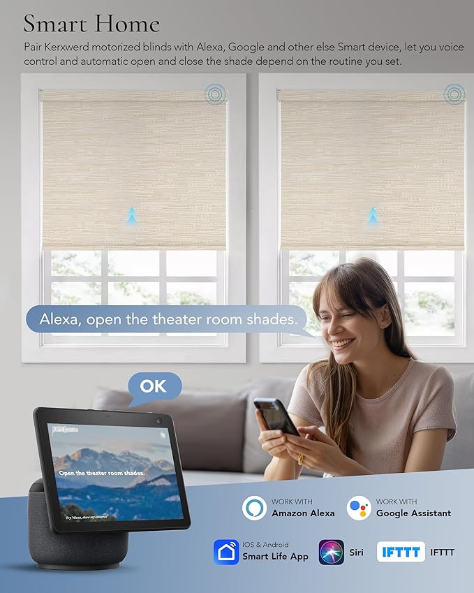 Motorized Blinds Compatible with Alexa Google 100% Blackout Smart Blind Automatic Window Roller Shades Remote Control Custom Size Jacquard Beige