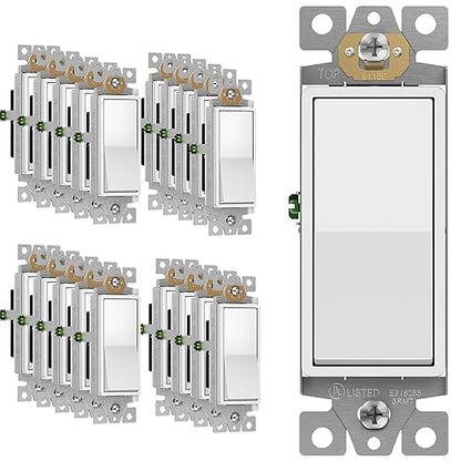 ENERLITES Matte White Light Switch, Decorator Paddle Rocker Wall Switch, Single Pole, 3 Wire, Grounding Screw, Residential Grade, 15A 120V/277V, UL Listed, 91150-MW-20PCS (20 Pack)