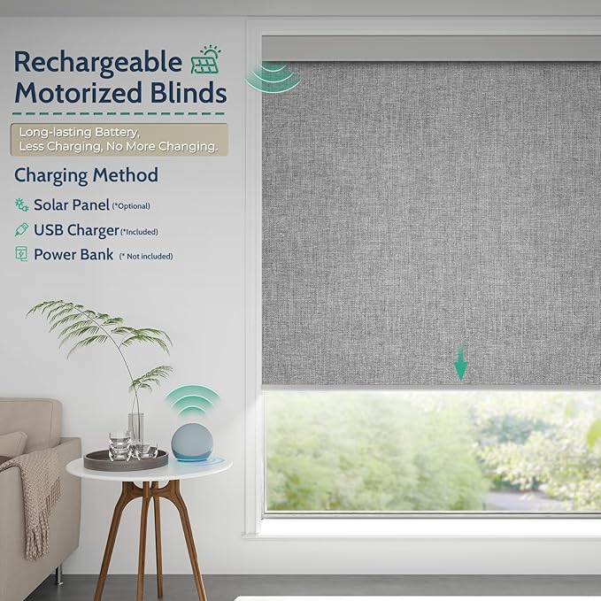 Motorized Blinds with Remote, Blackout Rechargeable Automatic Roller Shades, Cordless Smart Blinds Compatible with Alexa, Custom Blind for Indoor Windows, Bouvardia Light