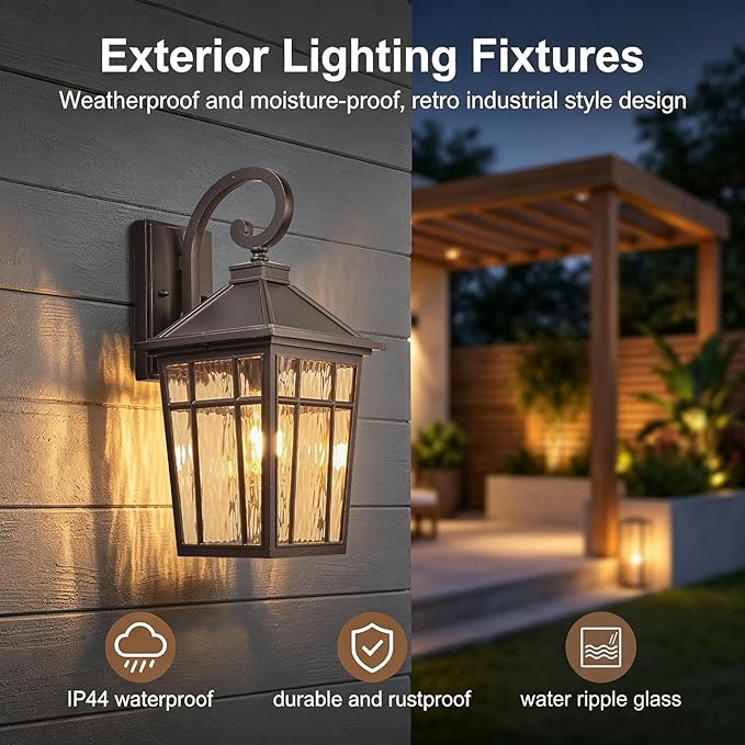 Porch Lights Outdoor Waterproof Exterior Lighting Fixtures 18 Inch Large Aluminum Outdoor Wall Lights with Water Ripple Glass E26 Socket ORB Finish