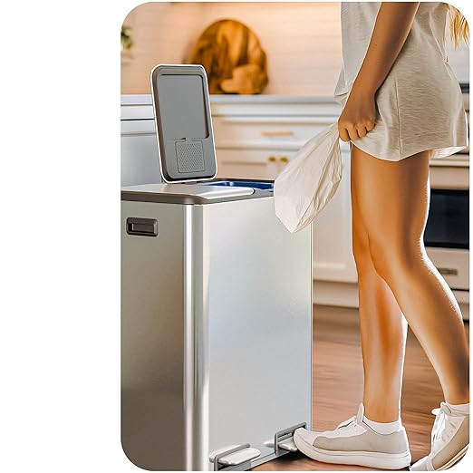 Home Zone Living 16 Gallon Kitchen Trash Can with Dual Compartments for Recycling, Stainless Steel, Silver, 60 Liters Total