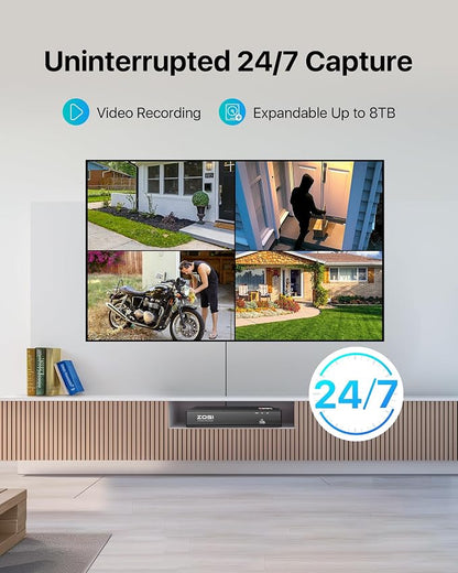 ZOSI 4K PoE Security Camera System, 8CH 8MP Home NVR, 8 x C186 Aurora Lux 4K Surveillance Cameras Indoor Outdoor, True Full Color Night Vision, Person/Vehicle Detection, 2-Way Audio, No HDD Included