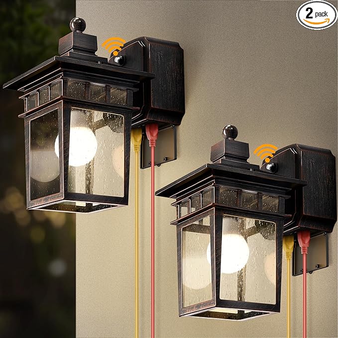 2 Pack Outdoor Light with GFCI Outlet,Antique Black and Bronze Gold Dusk to Dawn Porch Lights Outdoor Wall Light Fixture with Outlet,Aluminum Exterior Lighting Fixtures,Outside Lights for House