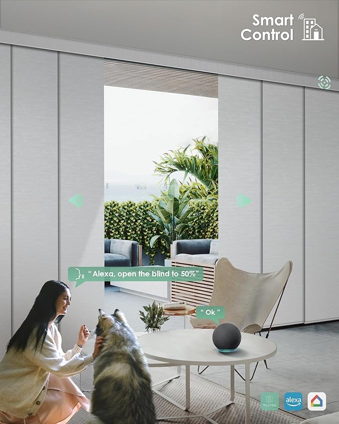 Yoolax Custom XL Smart Sliding Door Blinds, Motorized Sliding Panel Blinds Compatible with Alexa, Fabric Blackout Vertical Rechargeable Battery Shades for Glass Doors(Jacquard White)