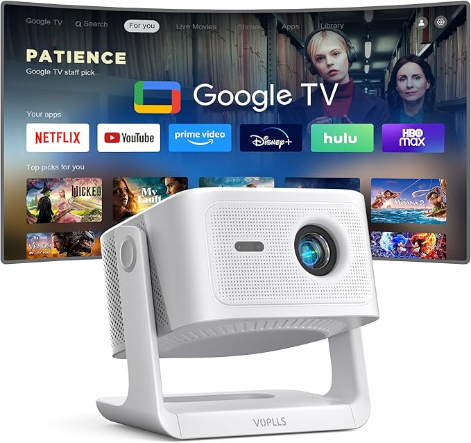 【Official Licensed Google TV】4K Smart Projector with WiFi and Bluetooth, VOPLLS Outdoor Projectors with Dolby/Auto Focus, Portable Movie Phone Wireless Gaming Wifi Proyector for Bedroom/Home/Ceiling