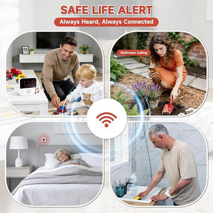 WiFi Wireless Caregiver Pager for Elderly, Wi-Fi Pager | No Monthly Fee, 2 Waterproof Caregiver Call Buttons and 2 Wristbands Panic Button, Life Alert System with App