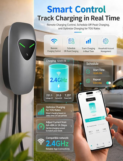 48A Level 2 EV Charger Station Hardwired, J1772 240V 11.5kW WiFi App 25ft | Garage Home Driveway EV Charger,2.4GHz Smart Control,RFID Access,Indoor Outdoor Installation,UL ETL FCC Certified,Overheat