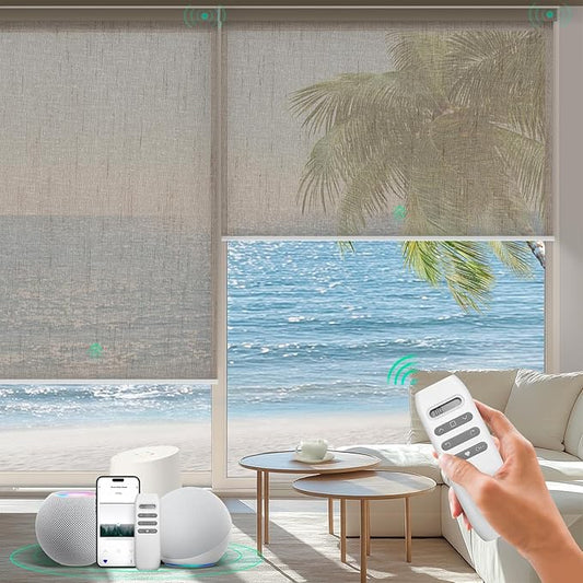 HeyBlinds Motorized Blinds with Remote, Smart Roller Shades with App & Voice Control, Work with Alexa Google HomeKit, Light Filtering Custom Window Shades for Living Room Office (Starry-Cappuccino LF)