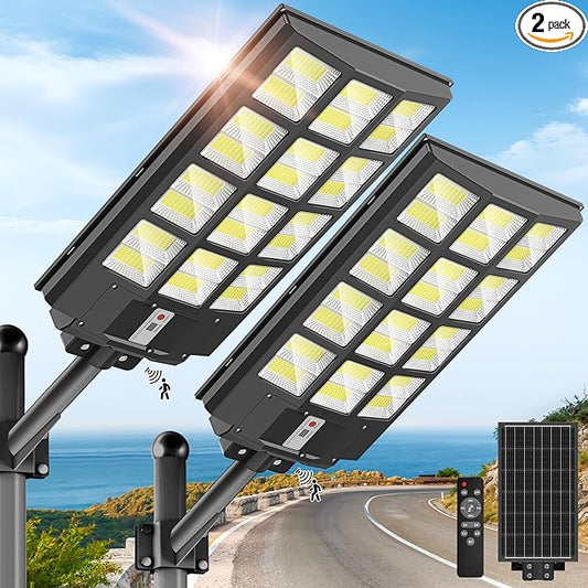 OKPRO 8000W Solar Street Light Outdoor, IP66 Waterproof Solar Lights Outdoor with Motion Sensor & Remote, Dusk to Dawn Commercial Security Lighting for Parking Lot, Yard, Farm, Driveway (2 Pack)