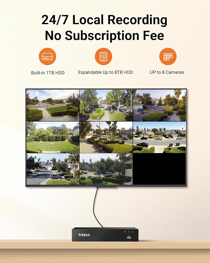 Anlapus 4K 8 Channel Security Camera System, 4 X 8MP Bullet Camera, 1TB HDD