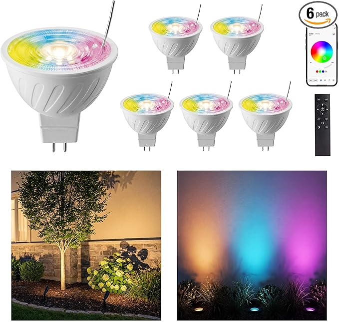 Gardenreet RGBCW MR16 LED Bulb, 12V Low Voltage Dimmable Halogen Replacement for Outdoor Landscape Lighting & Indoor Accent, Color Changing & Warm White, GU5.3 Bi-Pin, Bluetooth Mesh 65ft, 6 Pack