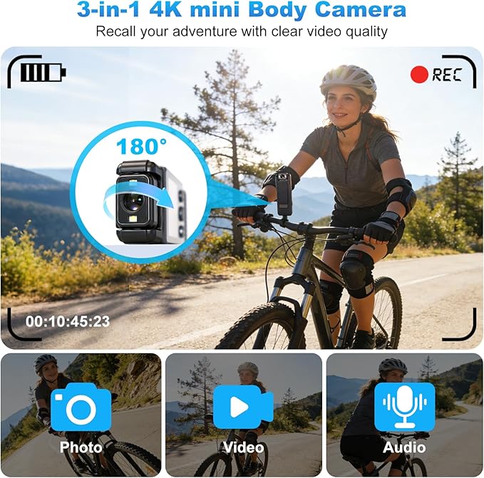 4k Mini Body Camera with Audio and Video Recording, 128GB Wearable Camera with 180° Rotating Lens, Chest Camera with Night Vision & 6-Hour Battery Life for Travel, Cycling, Work Security