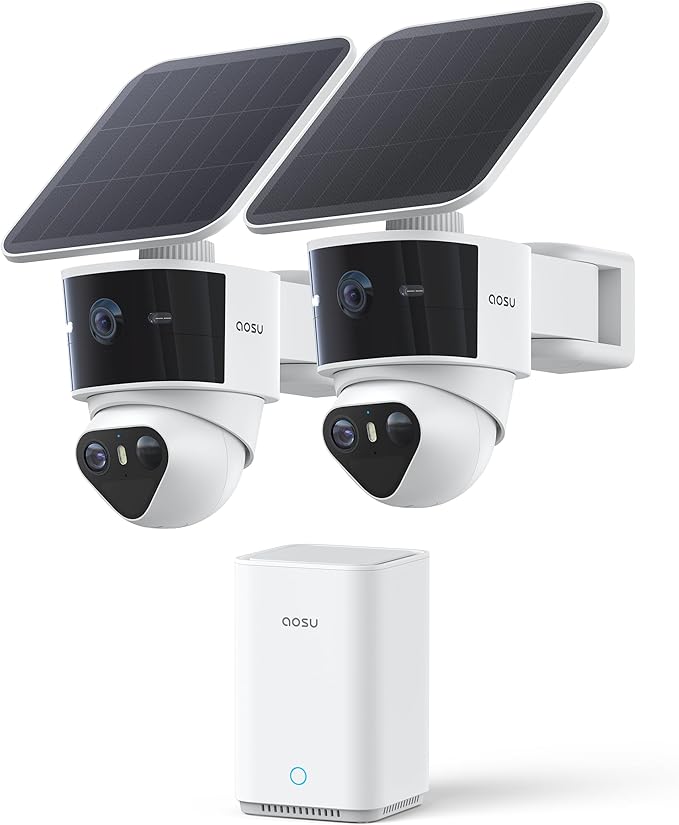 aosu T2 Pro Solar Security Cameras Wireless Outdoor, 2 Cam Kit, 3K Dual Cam No Blind Spot Security Camera for Home, 170° Wide + 360° PTZ, AI Detection, 8X Zoom, Expandable 1TB Local Storage