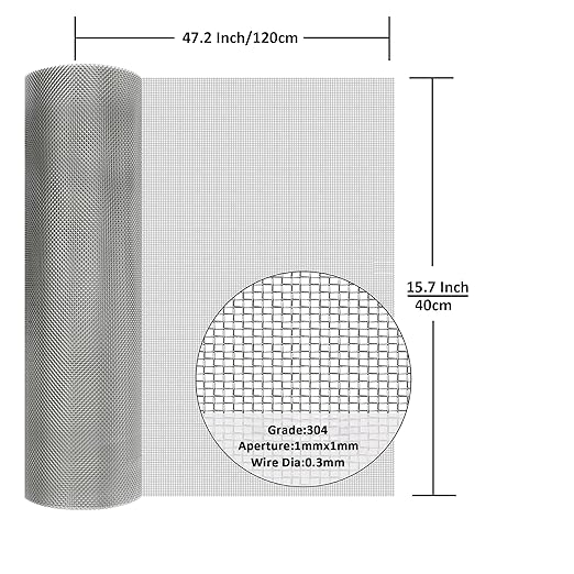304 Stainless Steel Mesh Screen#20Mesh -Size:15.7"x47.2"(40x120cm), for Home, Garden and Farm. Window or Door Filter, Guards Against Pests Like Mice, Snakes, and Rodents. Easy to Cut and Install.