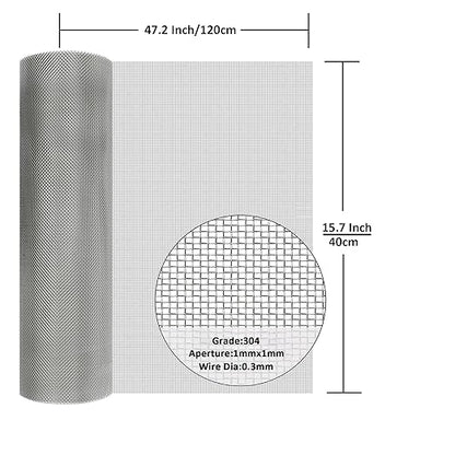 304 Stainless Steel Mesh Screen#20Mesh -Size:15.7"x47.2"(40x120cm), for Home, Garden and Farm. Window or Door Filter, Guards Against Pests Like Mice, Snakes, and Rodents. Easy to Cut and Install.